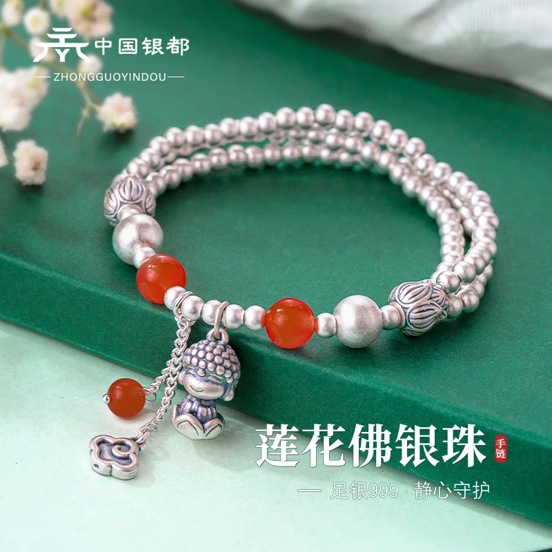 足银手链 原创个性设计足银999莲花佛银珠多层手链女送闺蜜礼物