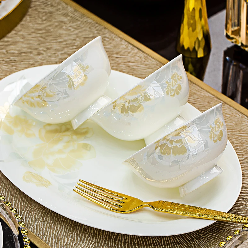 景德镇新款中式轻奢碗盘【倾城清雅】4.75英寸高脚防烫米饭碗