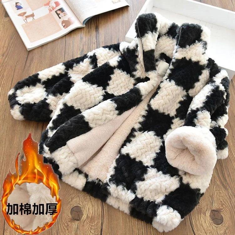 女童棋盘格外套中大童小香风加绒加厚黑白毛毛女孩冬爆款炸街网红