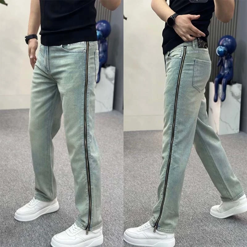秋冬新款欧货蓝色牛仔裤男士百搭拉链开衩休闲裤弹力修身小直筒裤