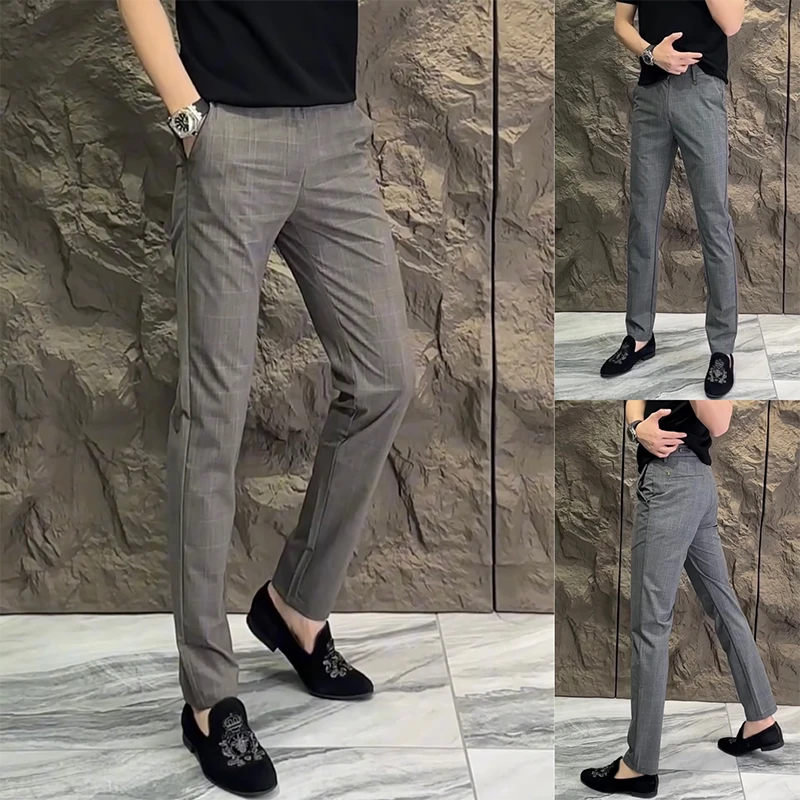 男士欧货休闲裤秋季新款潮流百搭直脚裤简约风商务格纹修身小西裤