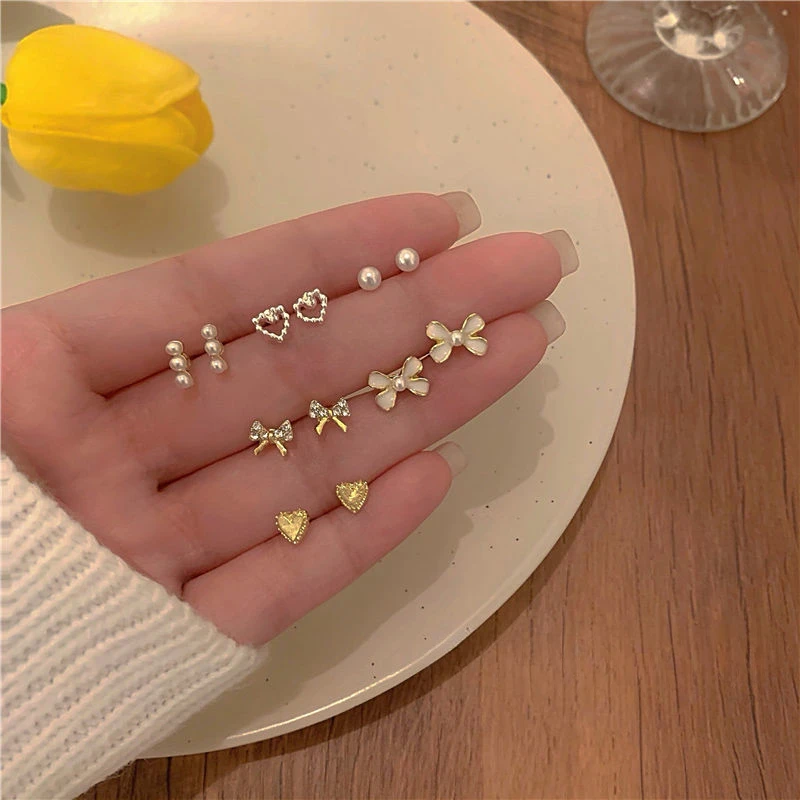 925银针少女心温柔耳钉套装简约爱心蝴蝶结贝珠耳环