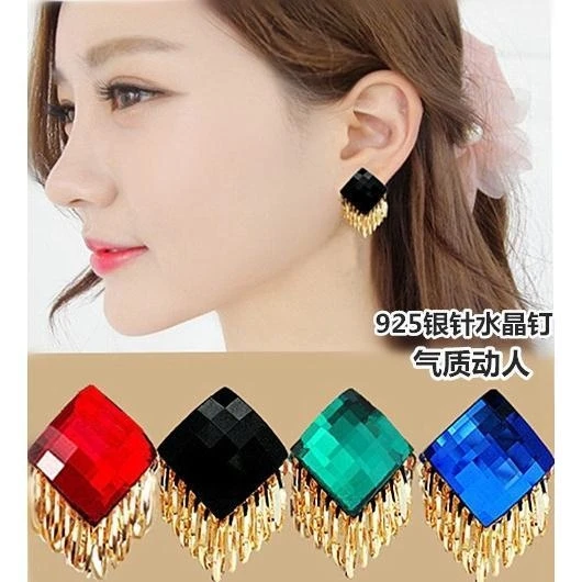 韩国时尚925银针耳钉女流苏职场时尚气质新娘红大耳环耳扣耳饰