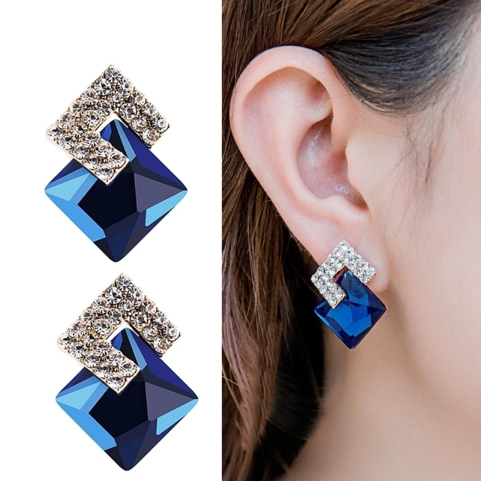 仿水晶耳环女欧美流行时尚气质几何菱形耳钉网红耳环黑色耳饰潮