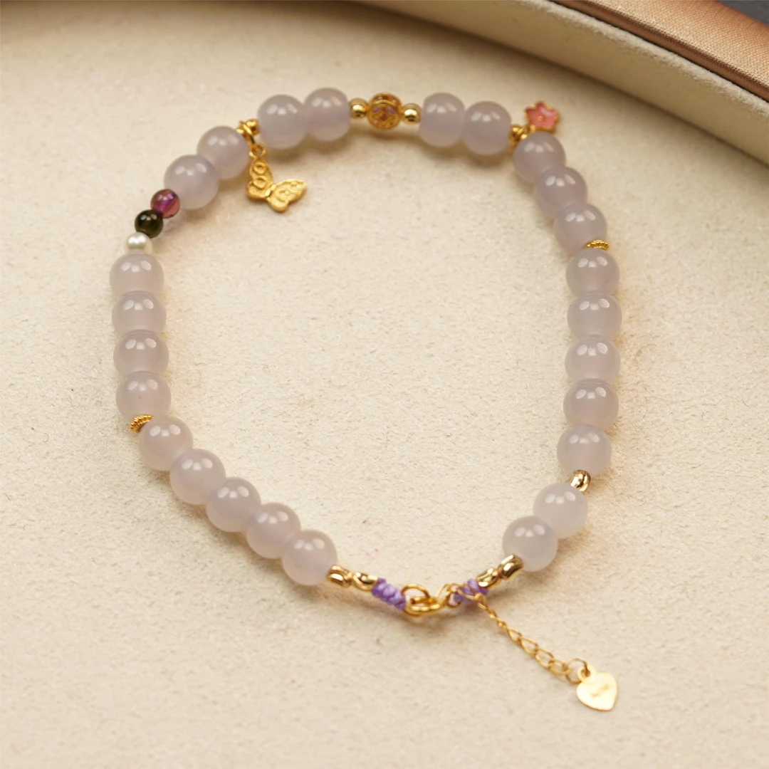 【之七珠宝】烟紫和田玉苹果珠+18k金 手链