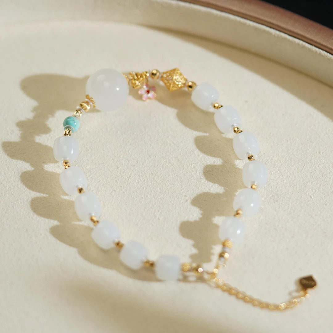 【之七珠宝】和田玉羊脂白直切+18k金手串 手工气质轻奢时尚百搭