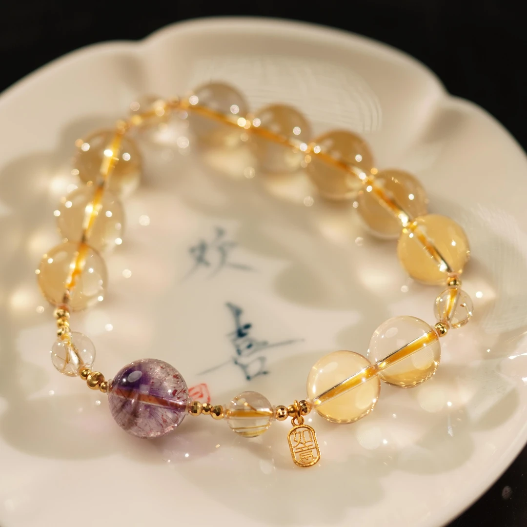 【之七珠宝】天然水晶招财黄水晶+18k金百搭手串（天然珠宝 多样性发