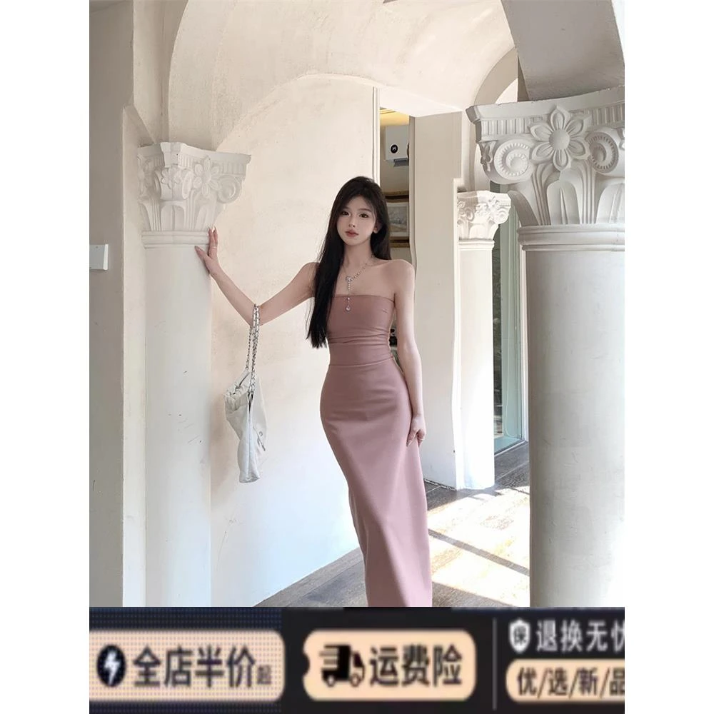 甜辣妹一字肩抹胸连衣裙女秋季纯欲打底内搭裙子弹力开叉包臀长裙