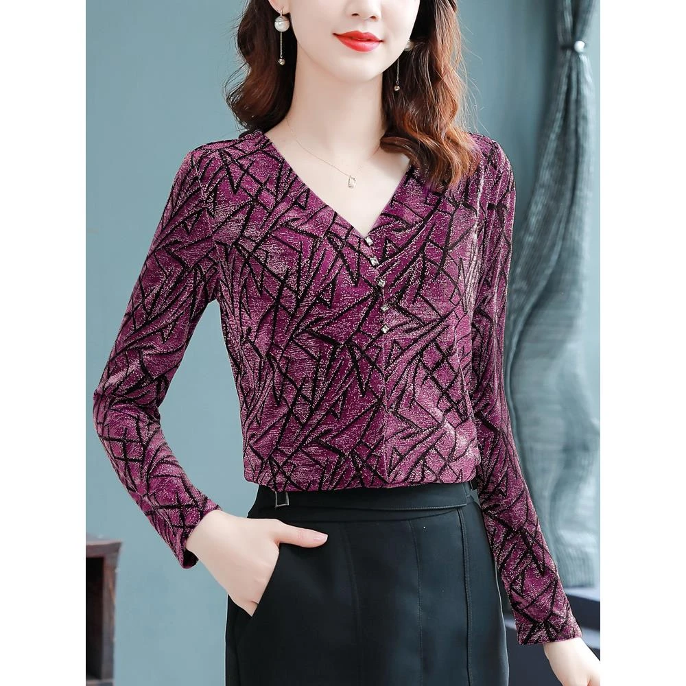 网纱打底衫女春秋加绒加厚内搭亮丝v领小衫大码长袖T恤洋气上衣潮