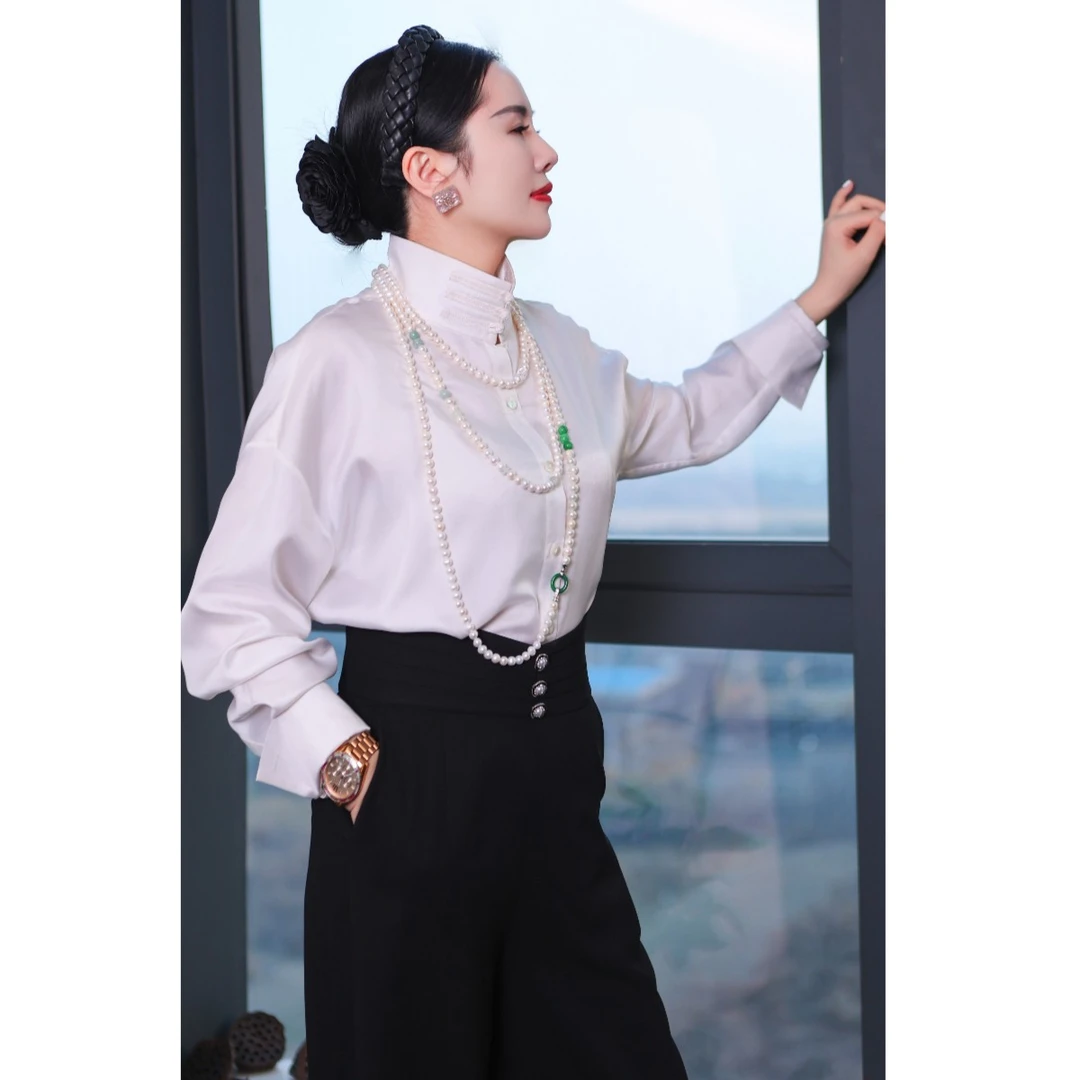 【屿风】现货100真丝衬衫高端斜纹绸国风立领百搭白衬衣AF22CS100