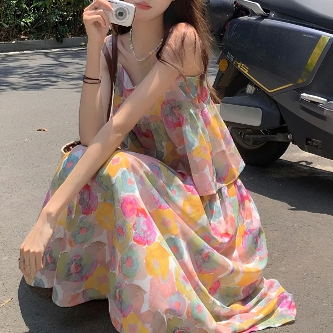 出游碎花小清新外穿吊带背心高腰半身裙女夏季2023新款时尚两件套