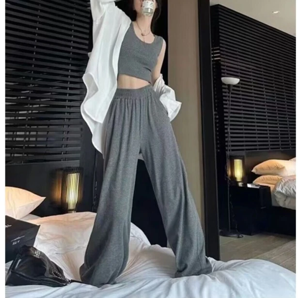欧货休闲时尚运动风套装女春夏修身U领打底背心衬衫阔腿裤三件套
