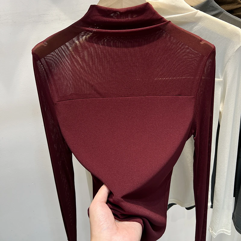 春秋气质半高领薄款网纱拼接长袖T恤女安可拉红洋气内搭打底衫潮