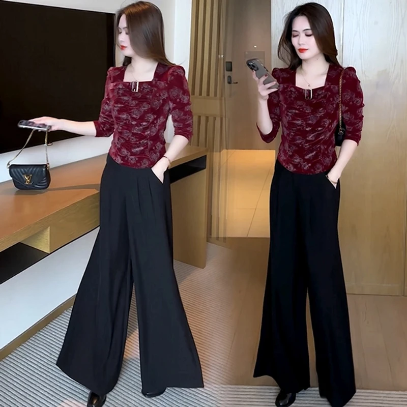 秋装新款显瘦T恤小众设计感洋气时尚减龄暗纹提花长袖上衣