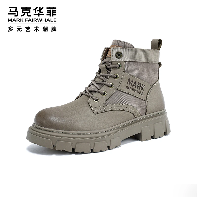 马克华菲春季英伦风高帮男鞋2025新款休闲马丁靴鞋男士厚底工装靴