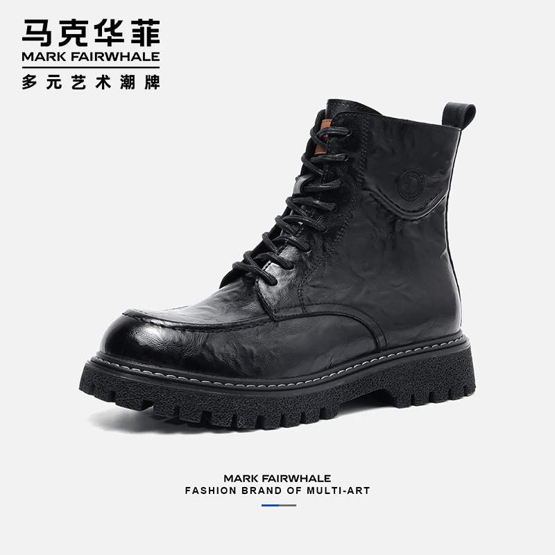 马克华菲时尚马丁靴男冬季加绒保暖男士工装靴子高帮潮流皮靴