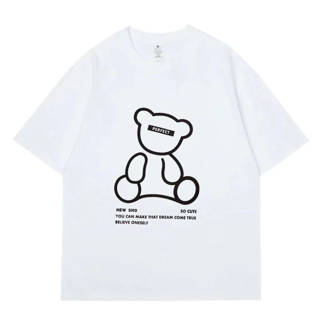 【李会长优选】春夏新款线条熊印花港风潮流宽松半袖情侣百搭T恤