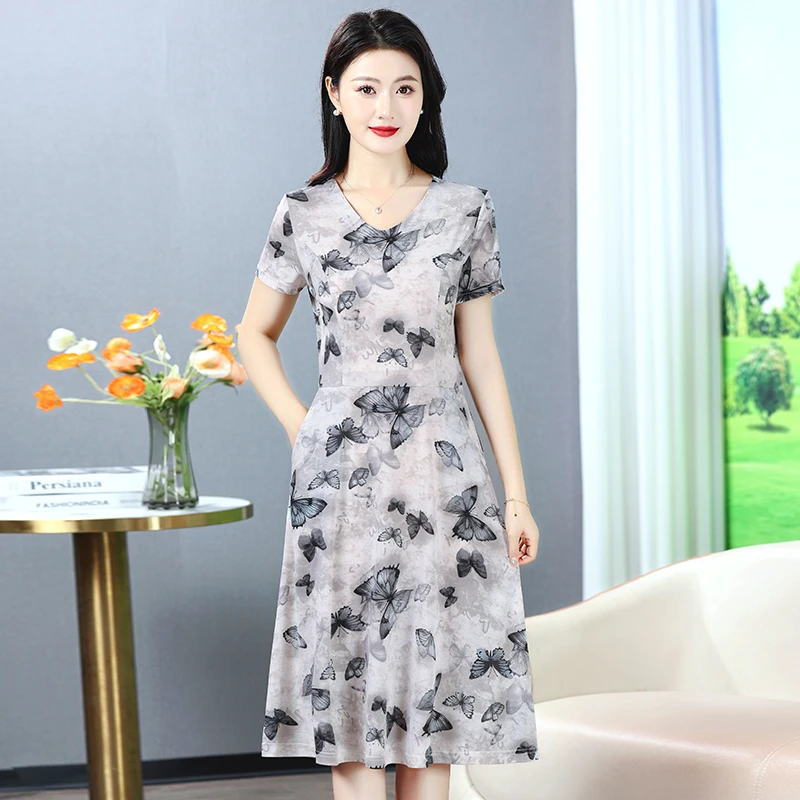 060春夏季新款中老年女装连衣裙妈妈装妈妈装印花修身宽松连衣裙