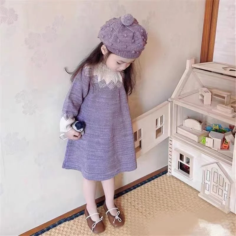 女童毛衣连衣裙2023秋冬新款韩版公主裙幼儿园宝宝拼色针织裙子潮