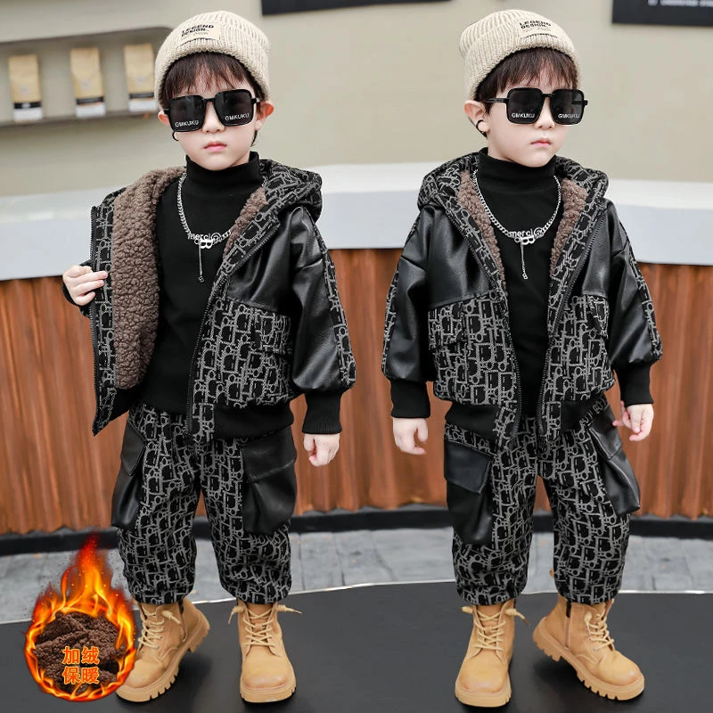 男童秋冬装加绒套装2023新款儿童装网红牛仔拼皮一整套宝宝加厚潮