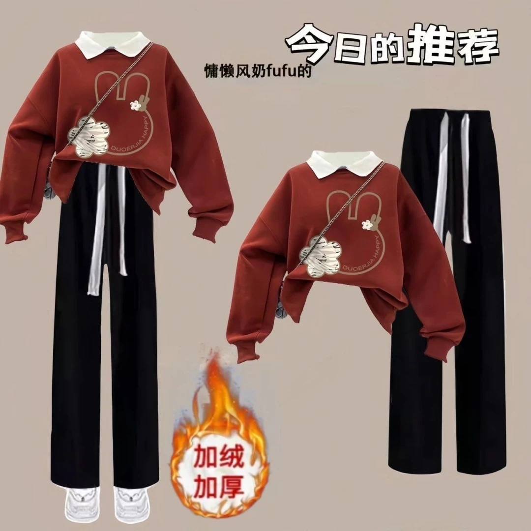 女童学生初中生时尚长袖polo领卫衣秋冬套装休闲裤两件套加绒卡通
