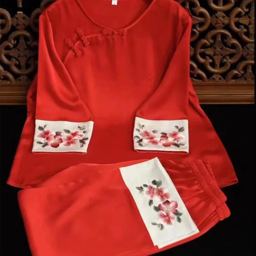 红尘绣坊精品苏绣国服高端丝滑坠感套头女睡衣春夏宽松中国风民国