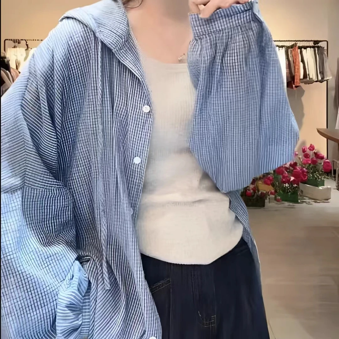 韩版ins--休闲蓝格子衬衫带帽气质显瘦设计感网红爆款时尚