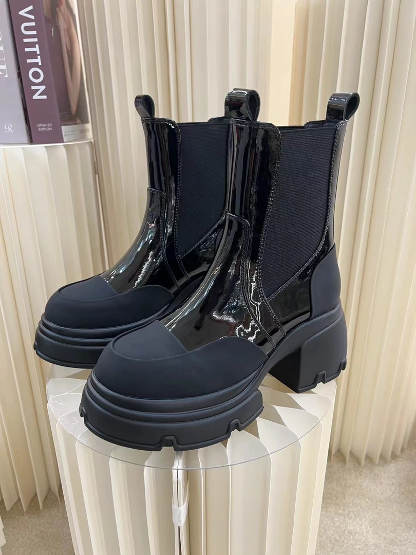 【香瑞莎】秋冬百搭休闲时尚切尔西厚底英伦风圆头粗跟中筒靴短靴