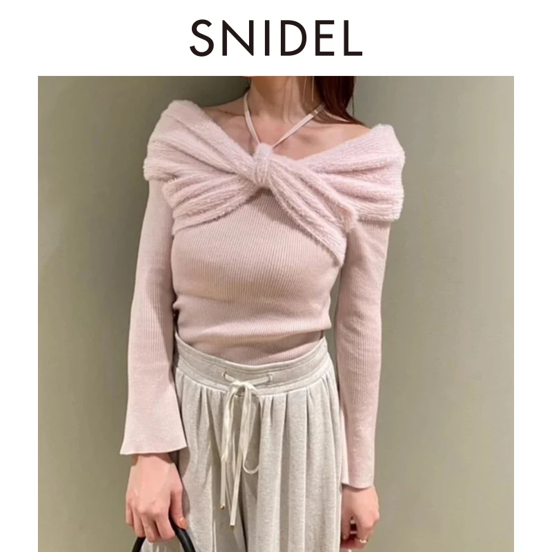 SNIDEL2024秋冬新品甜美露肩拼色系带挂脖毛针织衫SWNT244289