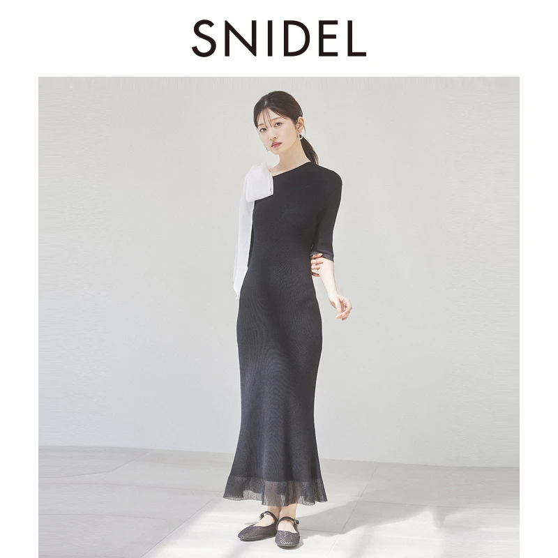 SNIDEL2024新品斜领蝴蝶结肩带修身鱼尾针织连衣裙SWNO242210