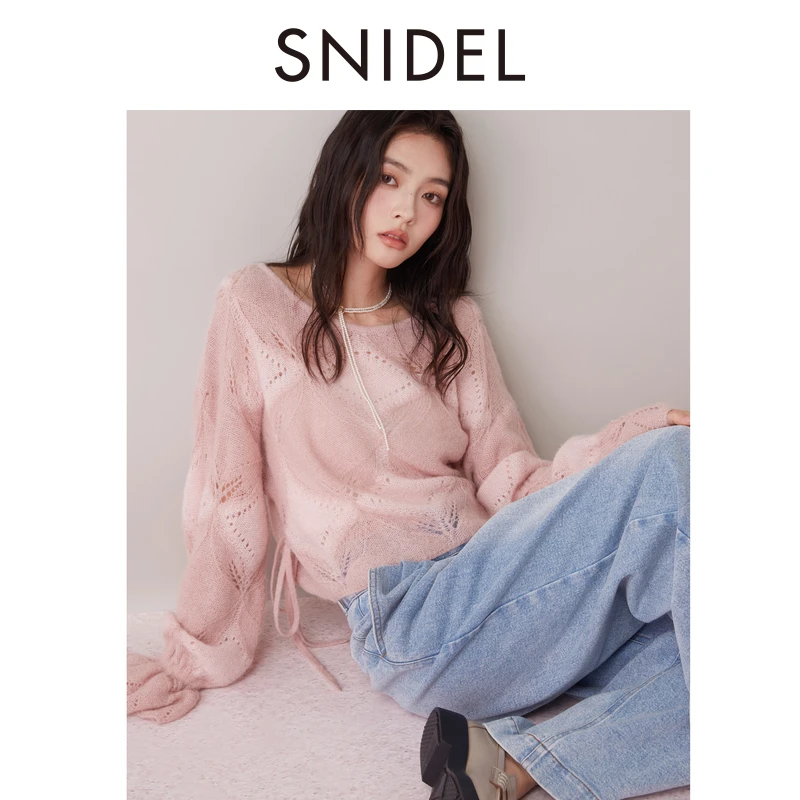 SNIDEL2024秋冬新品圆领甜美镂空系带针织衫毛衣上衣SWNT245302