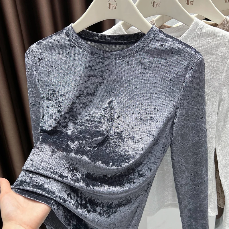 蓝色圆领丝绒长袖t恤女2025新款春秋钻石毛网纱内搭打底衫高级感