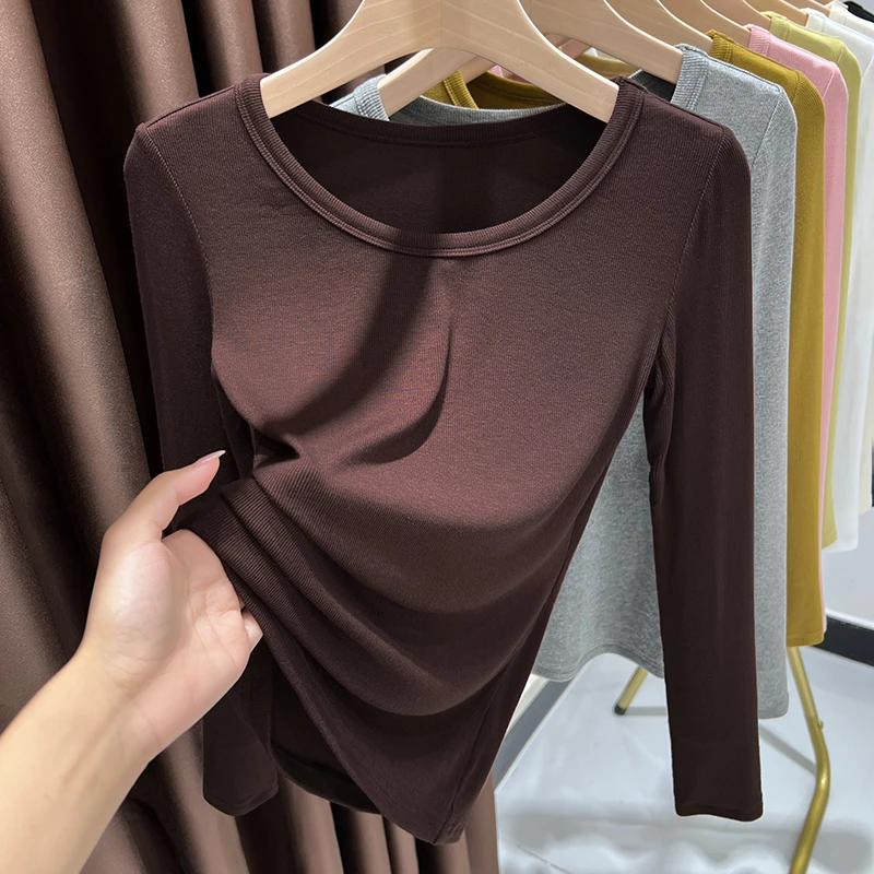 深咖色圆领针织打底衫女秋冬季内搭长袖T恤气质螺纹纯色修身上衣
