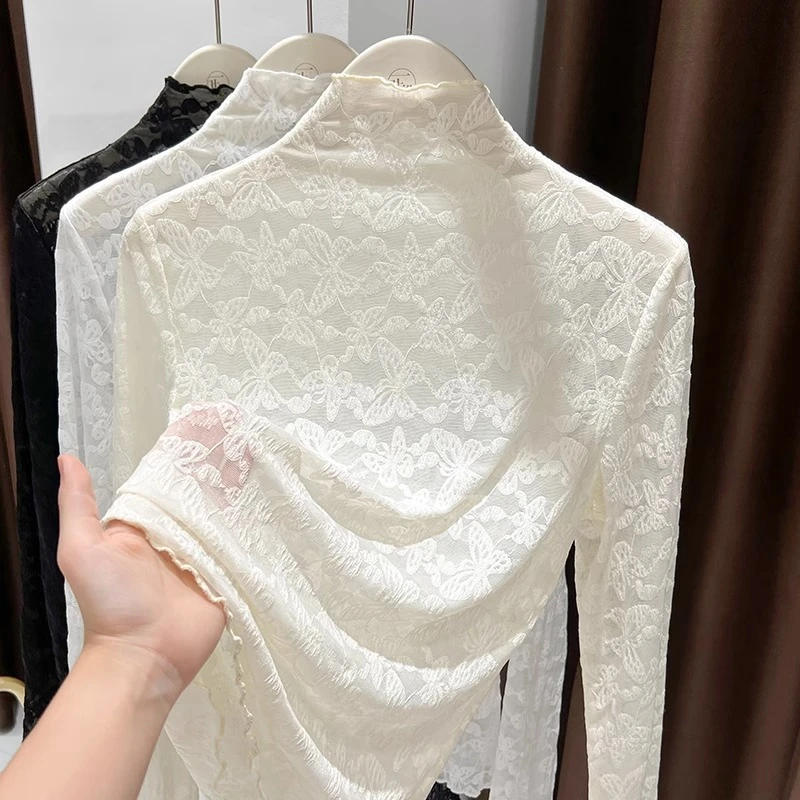 杏色木耳领微透蕾丝打底衫女冬季薄款镂空网纱小衫内搭洋气上衣