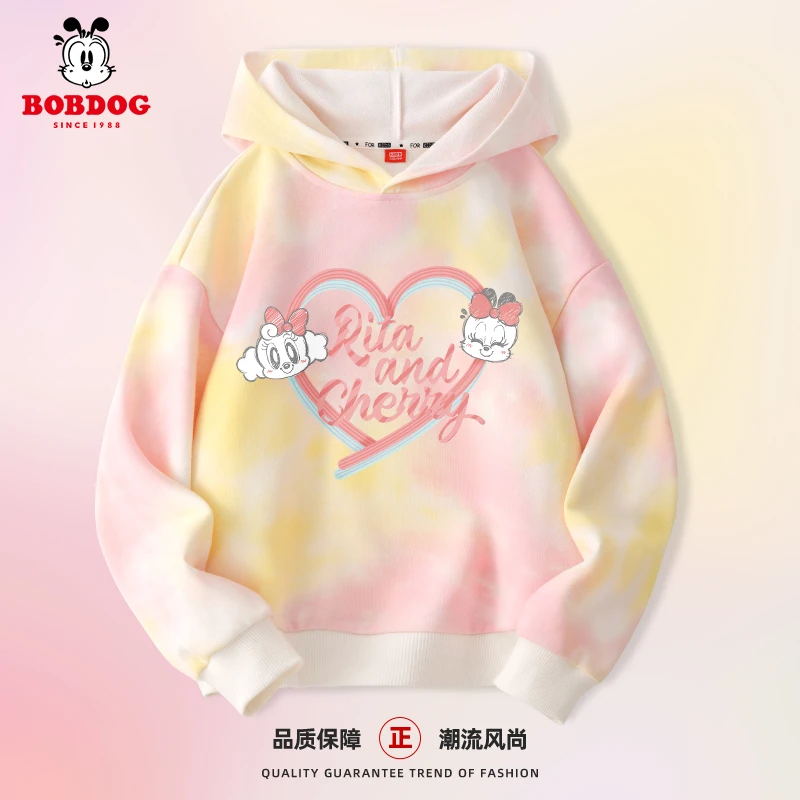 巴布豆卡乐女童连帽卫衣春秋款2025新款高品质儿童扎染上衣女孩潮