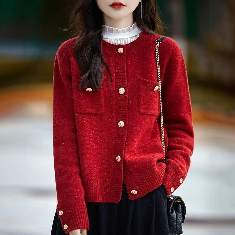 日常新中式小香风开衫外套女春装亮丝长袖针织衫短款百搭毛衣外搭