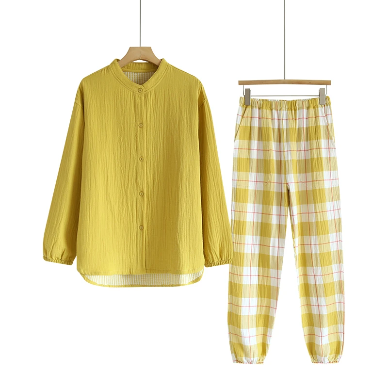 春夏季纯棉睡衣女套装长袖大码格子春秋季韩版休闲时尚宽松家居服