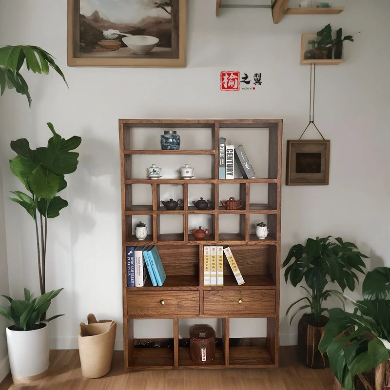 老榆木实木展示柜格子柜书柜简约落地柜置物架茶叶柜阳台柜家用