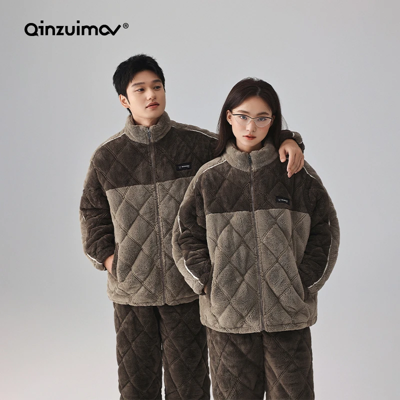 亲嘴猫三层加厚暖暖绒情侣夹棉睡衣女冬季套装珊瑚绒睡衣男士外穿