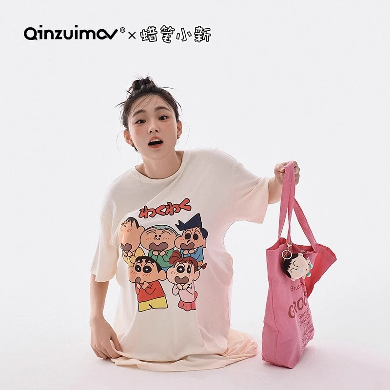 亲嘴猫蜡笔小新卡通睡裙女夏季莫代尔棉短袖睡衣家居服宽松可外穿