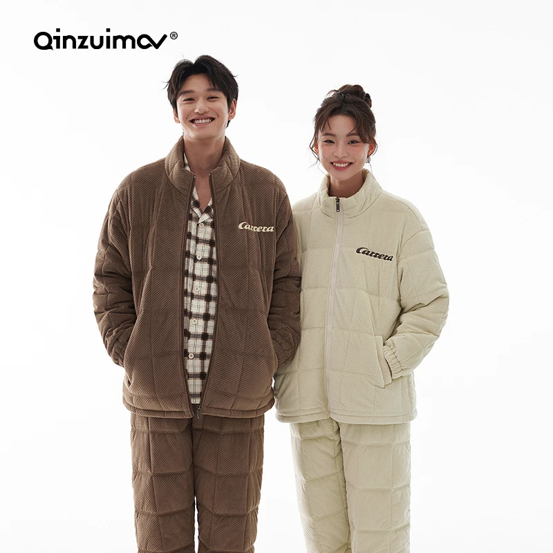 亲嘴猫三层加厚冰岛绒夹棉情侣睡衣女冬季男士套装家居服休闲外穿