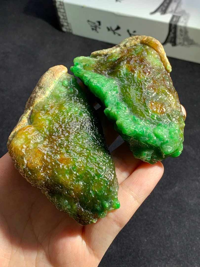 黄加绿料一组油润感缅甸天然A货翡翠81.2×46×19.5 71.3×45×14.3