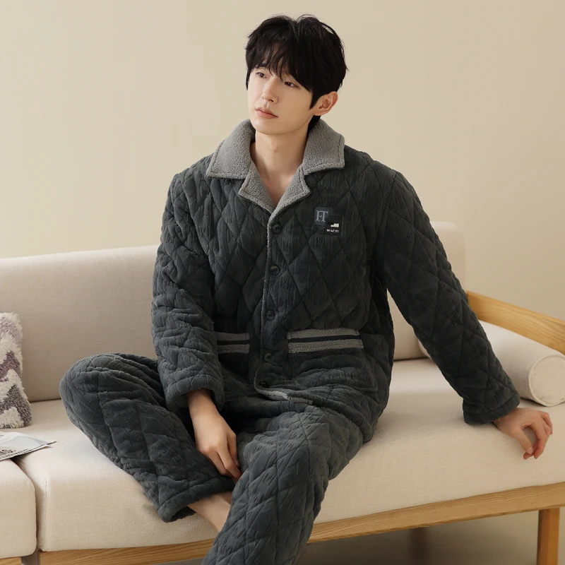 芬腾夹棉睡衣男士冬季冬款三层加厚加绒保暖套装珊瑚绒男款家居服