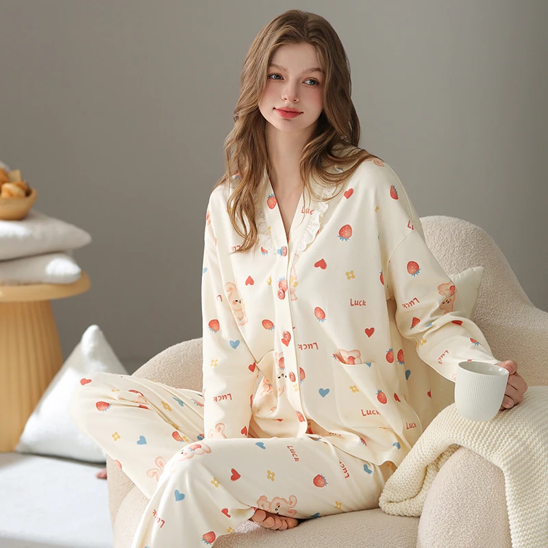 芬腾女士睡衣春秋款长袖V领套装女款可爱休闲大码全棉家居服