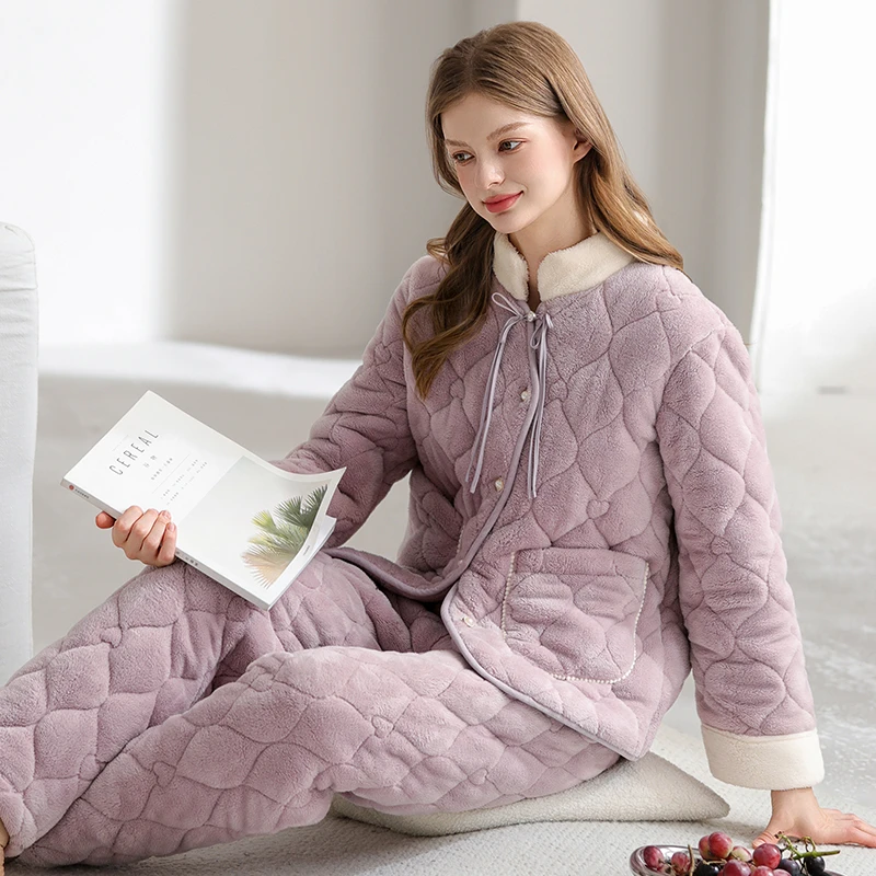芬腾女士睡衣珊瑚绒冬季三层加厚夹棉套装新中式保暖家居服