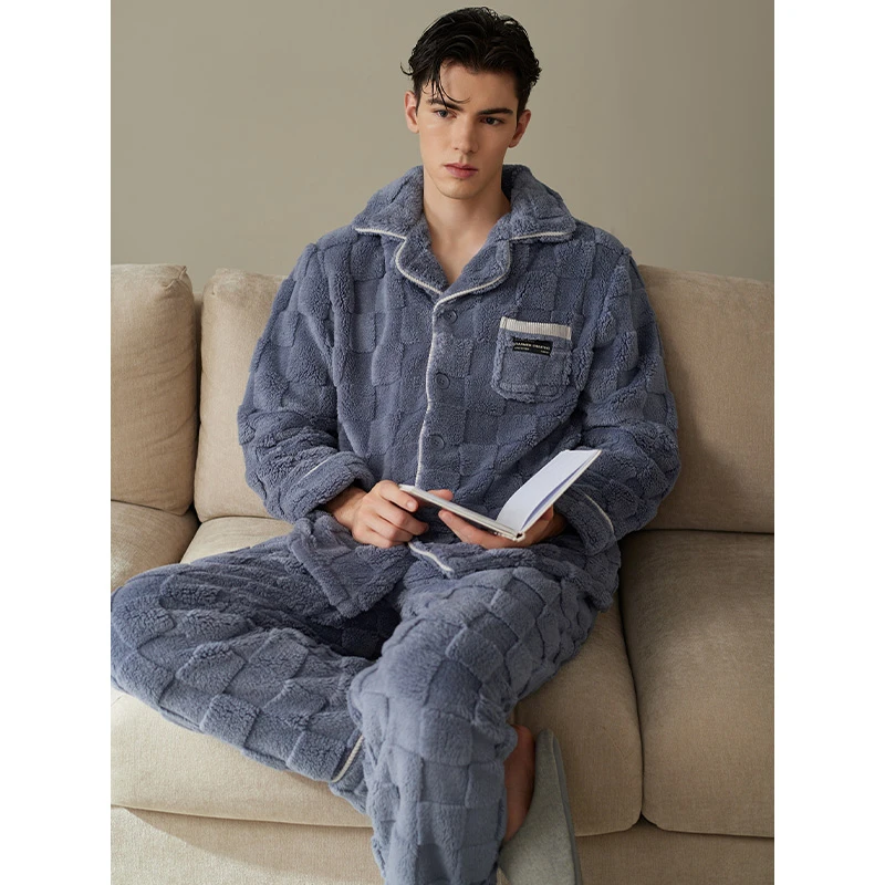 芬腾男士睡衣珊瑚绒秋冬季加绒加厚套装新款宽松保暖法兰绒家居服