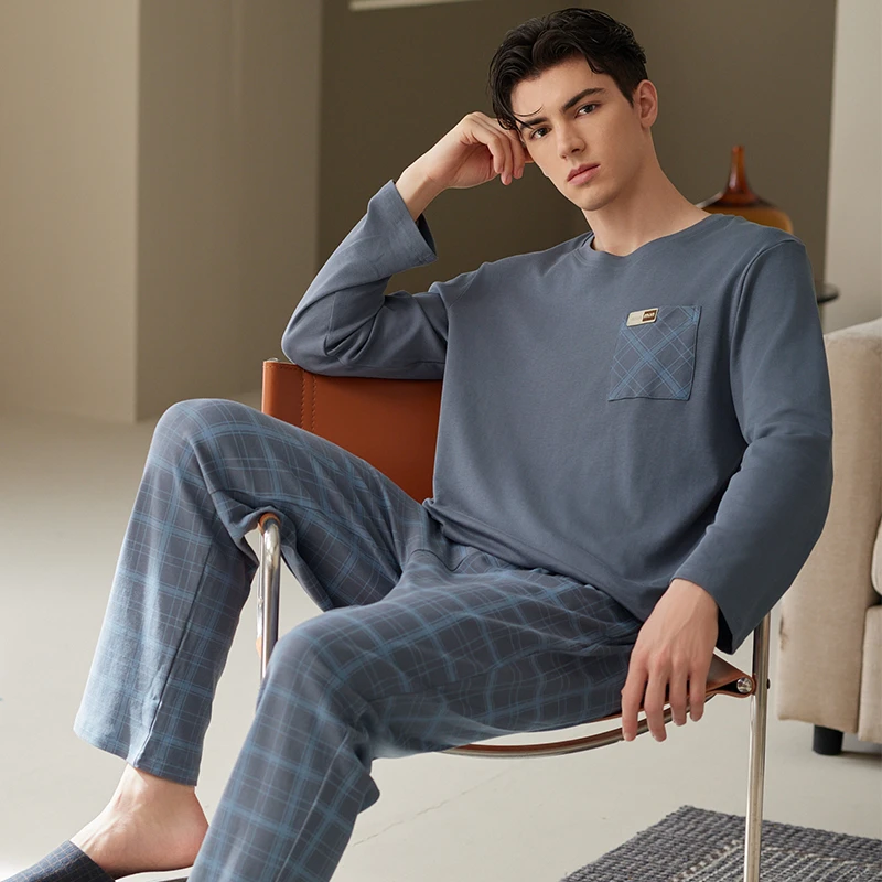 芬腾男士睡衣春秋季长袖套装格子青年宽松休闲大码全棉家居服