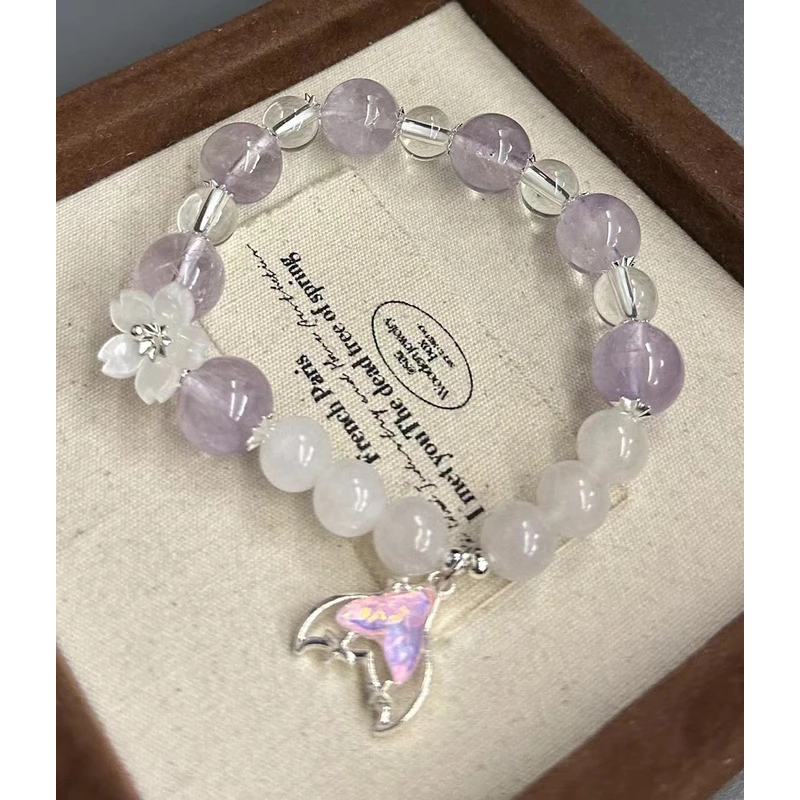三石宙礼天然薰衣草紫水晶手链手串双碟白水晶铜配件
