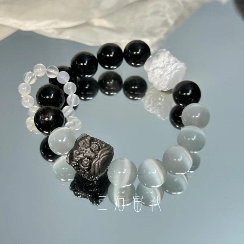 黑曜银曜石双醒狮设计情侣手链男女醒狮财送情侣礼物龙年本命年