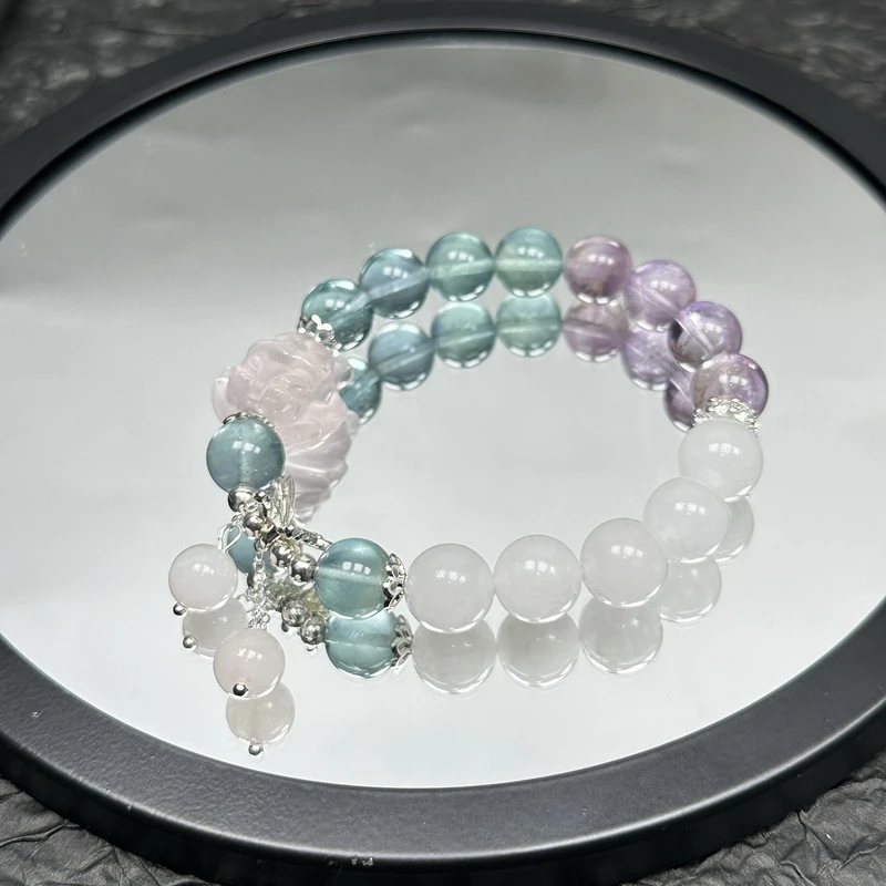 三石宙礼实拍天然粉晶狐狸渐变荧石紫水晶手串女手链饰品串珠